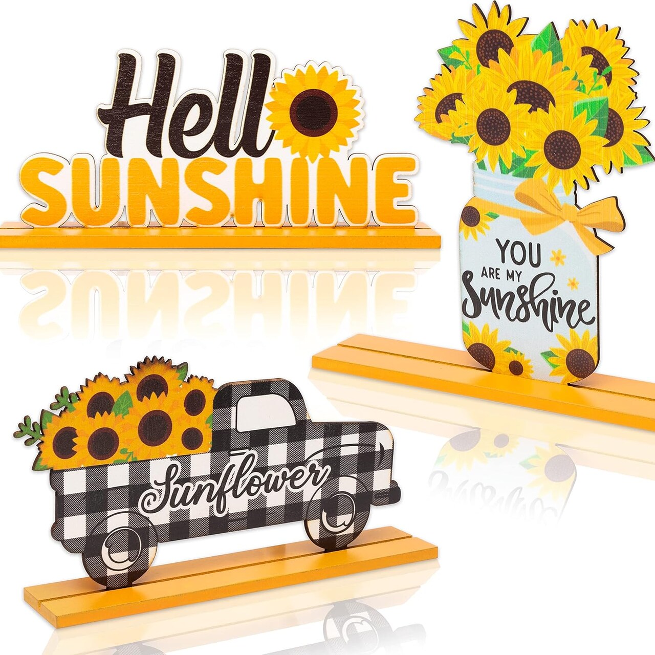 3-Piece Sunflower Wooden Table Centerpiece Set – “Hello Sunshine” Farmhouse Tiered Tray Decor for Home, Kitchen, Party & Photo Props